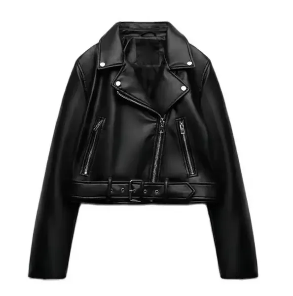 Crop Synthetic Leather Jacket for Women - Free Size